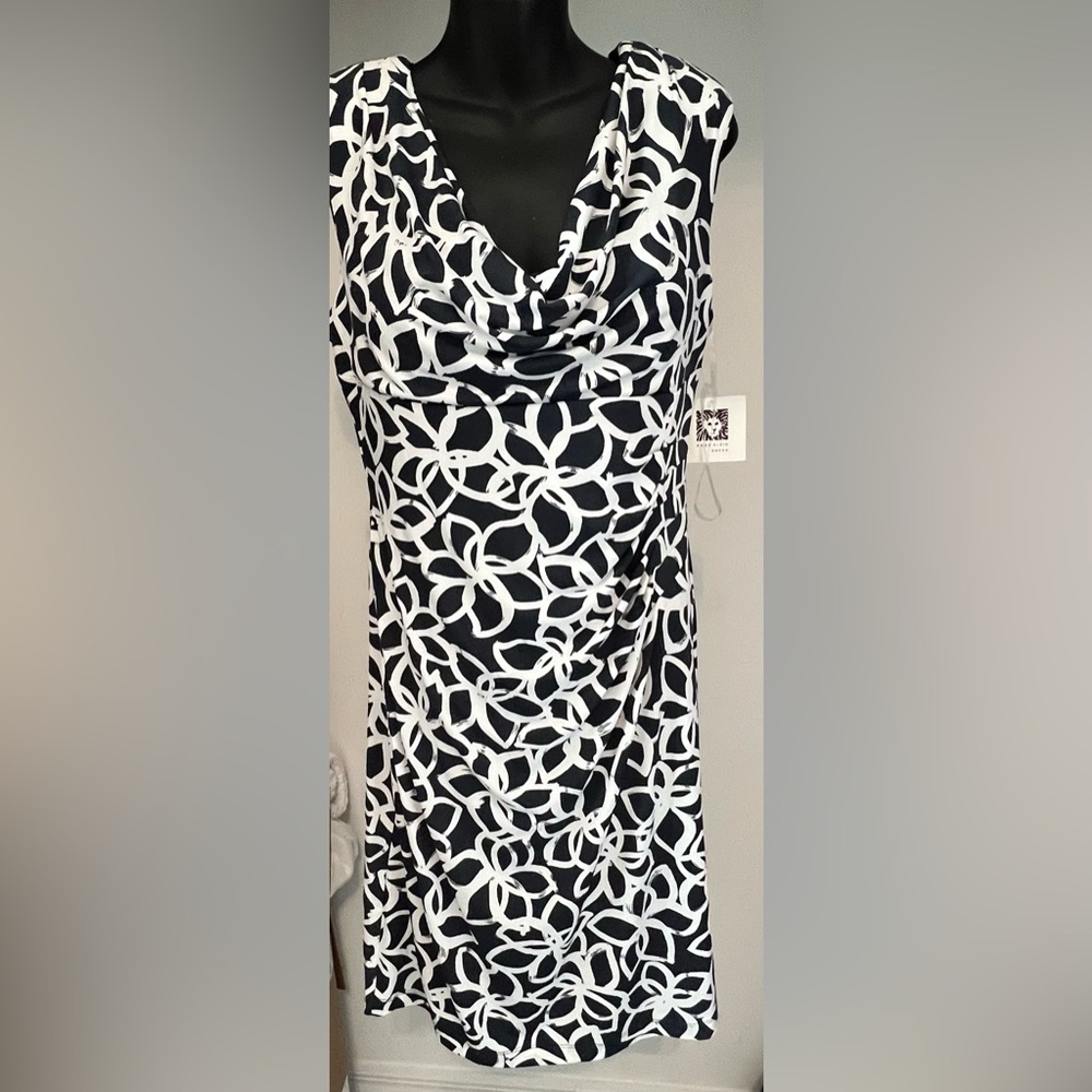 Anne Klein Black and White Patterned Cowl Neck Dress